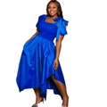 Elegant royal blue sleeveless midi dress with bow straps and asymmetrical hemline - S / Blue