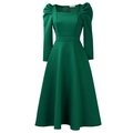 Detail view of dark green A-line dress with square neckline and puff sleeves - S / Dark Green