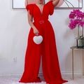 Red pleated deep V-neck jumpsuit with ruffle sleeves and buckled belt for women - S / Red