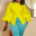 Women's yellow lantern sleeve V-neck top with blue sequined high waist trousers - S / Yellow