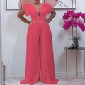 Watermelon red deep V-neck mesh jumpsuit with ruffled sleeves and pleated wide legs - S / Pink