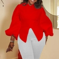 Elegant red V-neck blouse with lantern sleeves and asymmetrical hemline for women - S / Red