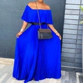 Elegant royal blue off-shoulder pleated maxi dress with elastic ruffles and black belt - Blue