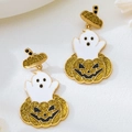 Detail of Halloween ghost and gold glitter pumpkin drop earrings with enamel finish - Gold Glitter Pumpkin and Ghost Earrings