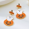 Close-up of Halloween stud earrings featuring a white ghost and orange pumpkin design - Ghost Jack-O-Lantern Studs (6)