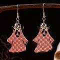Detail of ghost earrings with cow print hat hanging on dark wooden branch for Halloween - Cow Hat Grid Figure Earrings
