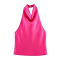 Detail view of glossy satin halter top with elegant cowl neck and button closure - XS / Tops / Rose Red