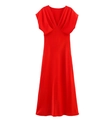Detail des roten Satin-Kleids mit V-Ausschnitt, eleganten Falten und Textur - Rot