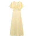 Flach liegendes blassgelbes Satin-Midikleid mit V-Ausschnitt und kurzen Ärmeln - Gelb