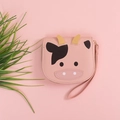 Pink cartoon cow patterned mini zipper wallet with wrist strap and yellow horns - Pink