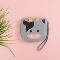 Light gray cartoon cow mini wallet in PU leather with zipper closure and wrist strap - Blue