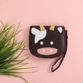 Cartoon brown cow pattern mini wallet with wristlet and secure gold zipper - Black