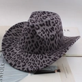 Ethnic style grey leopard print felt cowboy hat with wide brim and western vintage design - One Size (57-58cm) / Leopard Print Style / Gray