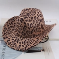 Western cowboy hat featuring a leopard print pattern and black adjustable windproof cord - One Size (57-58cm) / Leopard Print Style / Khaki