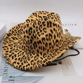 Classic leopard print wide brim felt cowboy hat with black braided adjustable chin strap - One Size (57-58cm) / Leopard Print Style / Yellow