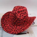 Red leopard print western cowboy hat in felt fabric with black windproof cord - One Size (57-58cm) / Leopard Print Style / Red