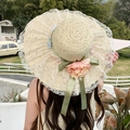 Beige straw sun hat with pink floral accents and lace brim for beach vacations - Flower Green Ribbon Beige