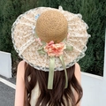 Straw sun hat with white lace brim, pink peony flower and sweet ribbon bow detail - Flower Green Ribbon - Khaki