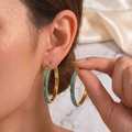 18k gold plated 40mm hoop earrings with full pave turquoise stones on stainless steel - Teal