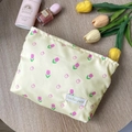 Pale yellow satin makeup bag with pink tulip prints and a zip closure - Pink Tulip