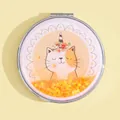 Portable folding makeup mirror with golden quicksand unicorn cat design in silver metal - Orange Cat (Round)