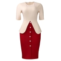 Detail van rode kokerrok met decoratieve witte knopen en elegante peplum taille-afwerking - S / Bordeauxrood