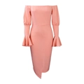 Detail of the asymmetric hem and bell sleeves on a peach off-shoulder party dress - S / Orange Pink