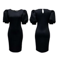 Front and back detail of a black slim-fit dress with puff sleeves and keyhole back - S / Black