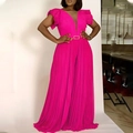 Fuchsia pleated maxi dress with V-neck, sheer mesh panel and matching buckled waist belt - 3XL / Rose Red