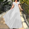 Elegant white V-neck pleated maxi dress with ruffle sleeves and matching belted waist - S / White