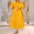 Elegant yellow plus size midi dress with puff sleeves and bow tie neck for women - S / Yellow