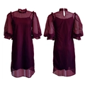 Detailed front and back view of burgundy mesh dress with puff sleeves and stand collar - M / Burgundy