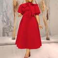 Elegant red midi dress with bow neckline and puff sleeves in a stylish A-line silhouette - S / Red