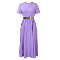 Detail of purple midi dress with round neck and elegant gold metal waist belt - S / Lavender