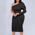 Elegante zwarte midi-jurk met één schouder, grote strik en nauwsluitende ruches - S / Zwart