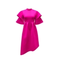 Detail of rose pink dress featuring double ruffled bell sleeves and asymmetric hem - S / Rose Red