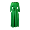 Detail view of M size label and adjustable waist tie on this green long maxi dress - Green