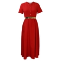 Detail of red short sleeve midi dress featuring button front and a metallic gold belt - S / Red