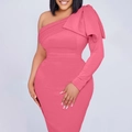 Detail van fuchsia asymmetrische jurk met grote strik en horizontale plooien - S / Roze