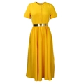 Detail of a bright yellow midi dress featuring a gold mirrored metallic waist belt - S / Yellow