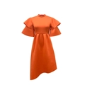 Detail of bright orange dress featuring double layered ruffle sleeves and pleated waist - S / Orange