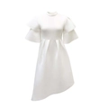 Detail of elegant white evening dress featuring layered bell sleeves and asymmetric hem - S / White