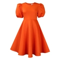 Detail view of bright orange bubble sleeve A-line dress with a back zipper closure - S / Orange