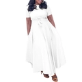 Detail of white plus size maxi dress with high waist tie and flowy skirt hem - White