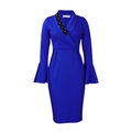 Detail of royal blue V-neck dress featuring a black floral brooch and pearl accents - S / Blue