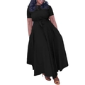 Detail of plus size black A-line dress with high waist tie and round neck design - Black
