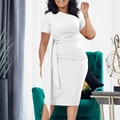 Elegant white short sleeve slim dress featuring asymmetrical pleats and waist tie detail - S / White