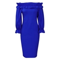 Détail de la robe bleu roi à épaules dénudées avec décolleté à volants et manches bouffantes - Bleu