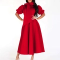 Robe midi rouge élégante avec manches bouffantes, col haut à nœud et jupe évasée - Rouge