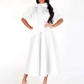 Elegant white short puff sleeve dress with a pussy-bow neck and slim A-line waist - S / White